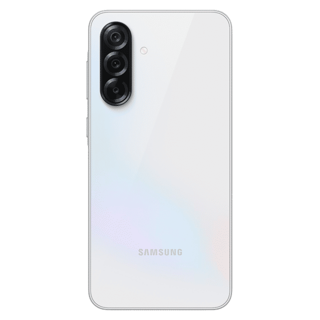 White Samsung Galaxy A36 5G smartphone showing the back with triple camera setup and Samsung logo