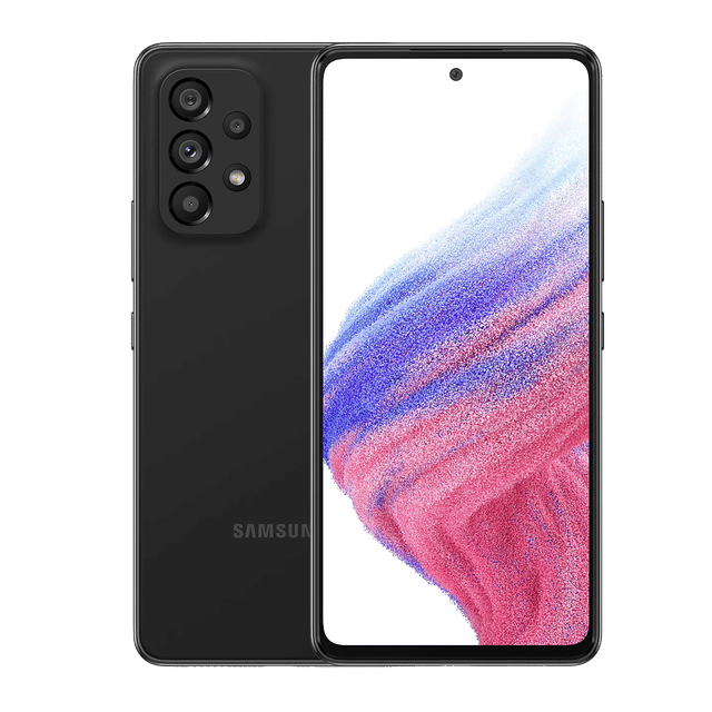 Samsung Galaxy A53 black smartphone showing front display and rear multiple camera setup