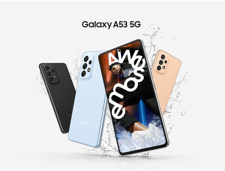 Samsung Galaxy A53 phones in black blue and peach colors showing front and back design with splash effect