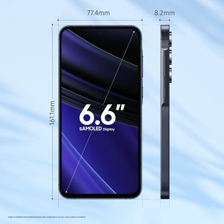 Samsung Galaxy A55 5G smartphone front and side views showing 6.6 inch sAMOLED display and dimensions