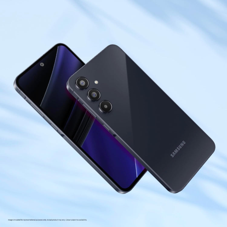 Samsung Galaxy A55 5G smartphone in black showing front display and triple rear camera setup