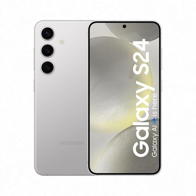 Samsung Galaxy S24 5G marble grey phone showing front and back with triple camera setup