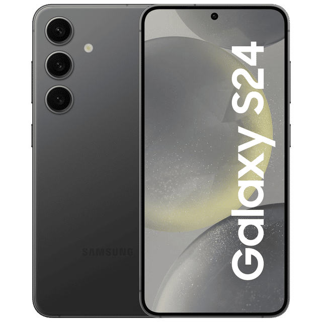 Samsung Galaxy S24 5G unlocked phone in black showing front screen and triple rear cameras