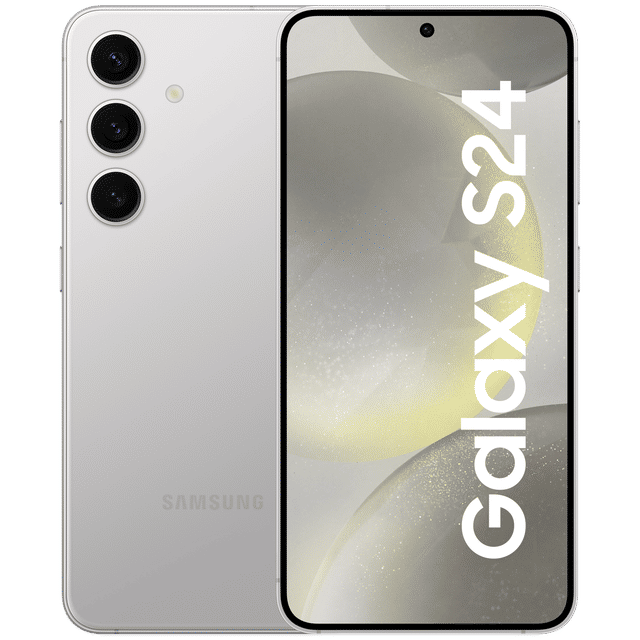 Samsung Galaxy S24 5G unlocked phone in silver with triple rear cameras and edge-to-edge display