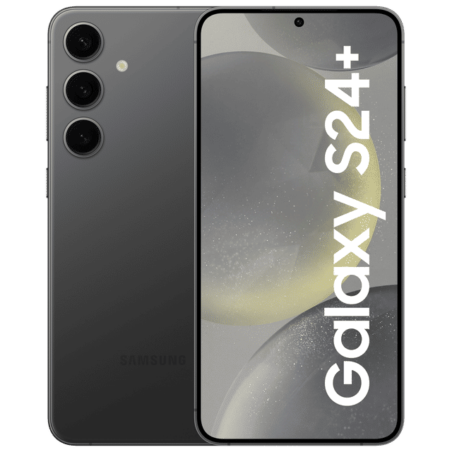 Samsung Galaxy S24 Plus 5G smartphone front and back view with triple rear cameras in black
