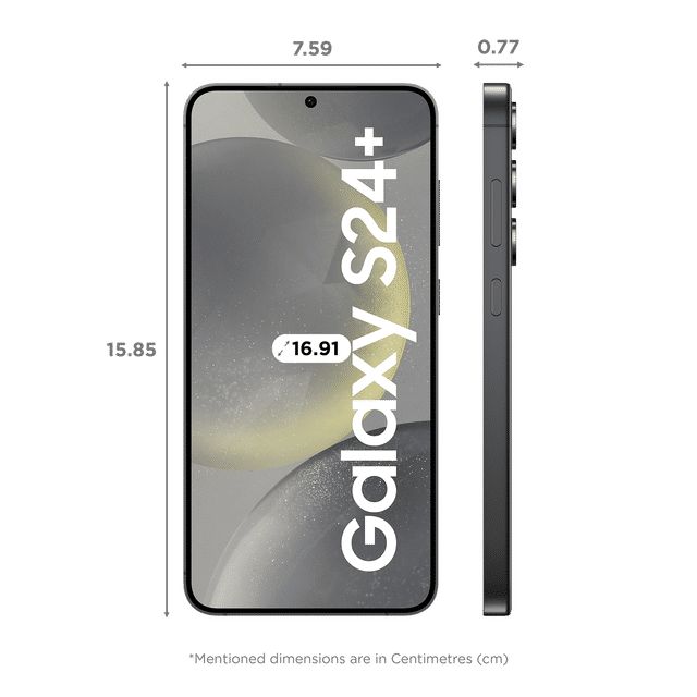 Samsung Galaxy S24 Plus 5G phone front and side view with dimensions in centimeters
