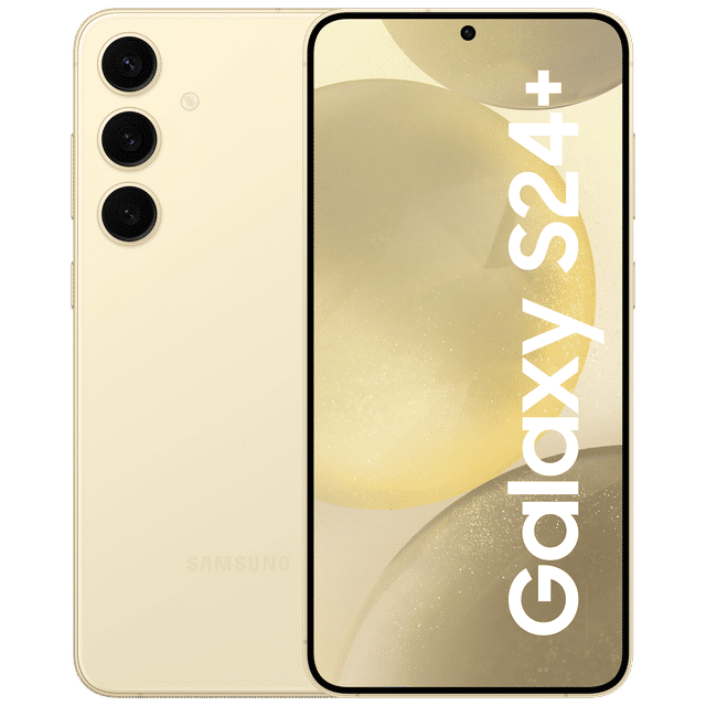 Samsung Galaxy S24 Plus 5G phone in cream color showing front display and rear triple camera setup