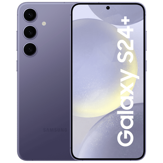 Samsung Galaxy S24 Plus 5G smartphone in purple showing front screen and triple rear cameras