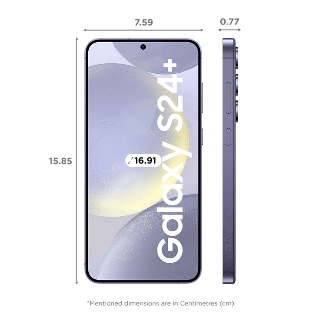 Samsung Galaxy S24 Plus 5G smartphone front and side view with dimensions in centimeters