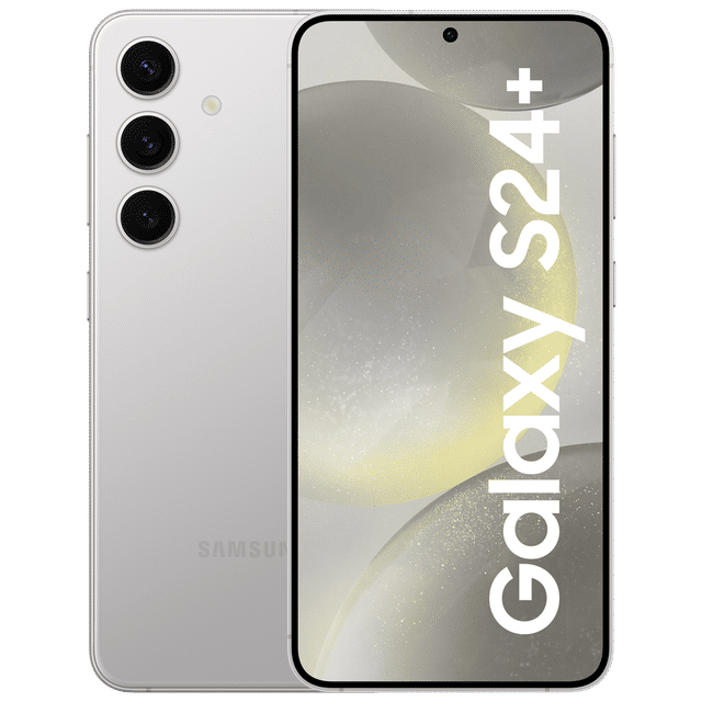 Samsung Galaxy S24 Plus 5G smartphone in silver showing front display and triple rear cameras