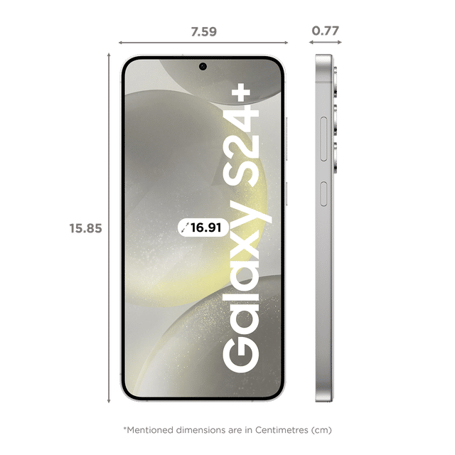 Samsung Galaxy S24 Plus 5G smartphone front and side view with detailed dimensions in centimeters