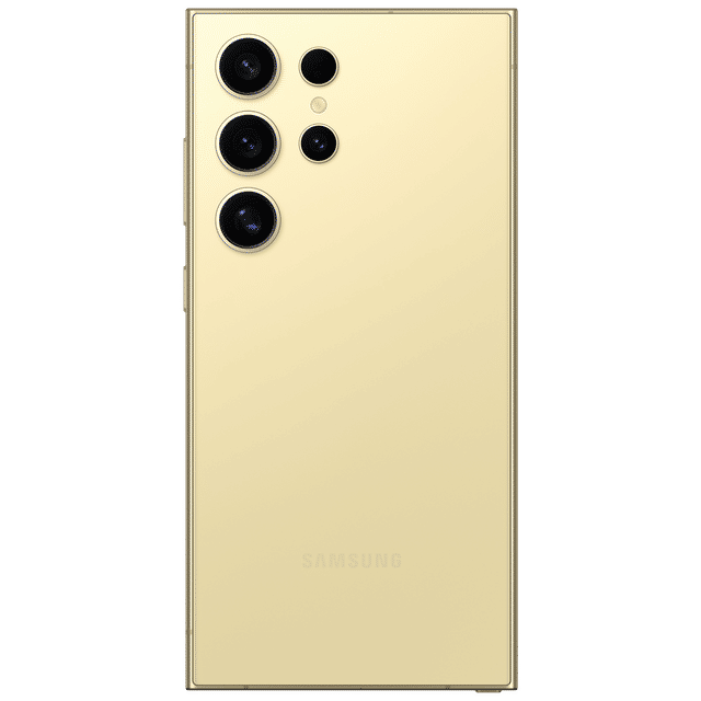 Samsung Galaxy S24 Ultra 5G phone in gold showing rear camera array on black background