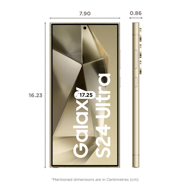 Front and side views of Samsung Galaxy S24 Ultra 5G phone showcasing dimensions in gold color