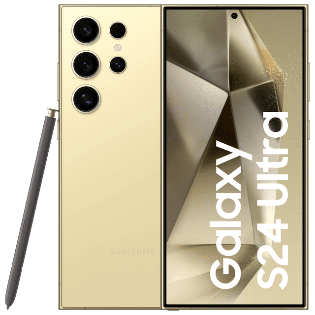 Samsung Galaxy S24 Ultra 5G phone in gold showing front screen and rear camera array with stylus pen