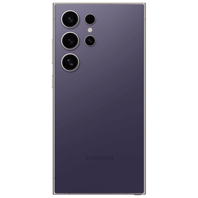 Rear view of Samsung Galaxy S24 Ultra 5G phone in purple with multiple camera lenses and sleek design