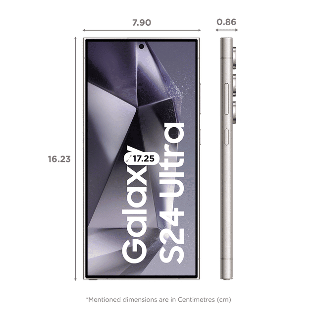 Samsung Galaxy S24 Ultra 5G phone front and side view showing dimensions in centimeters