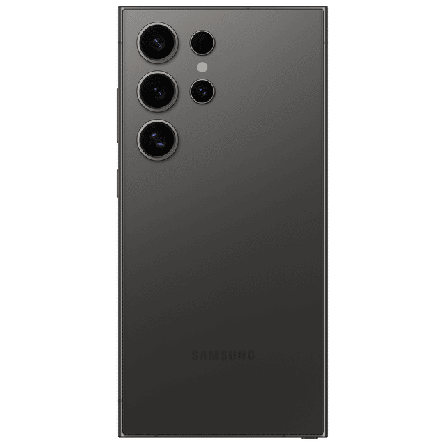Back view of Samsung Galaxy S24 Ultra 5G phone in black with quad camera setup and sleek design