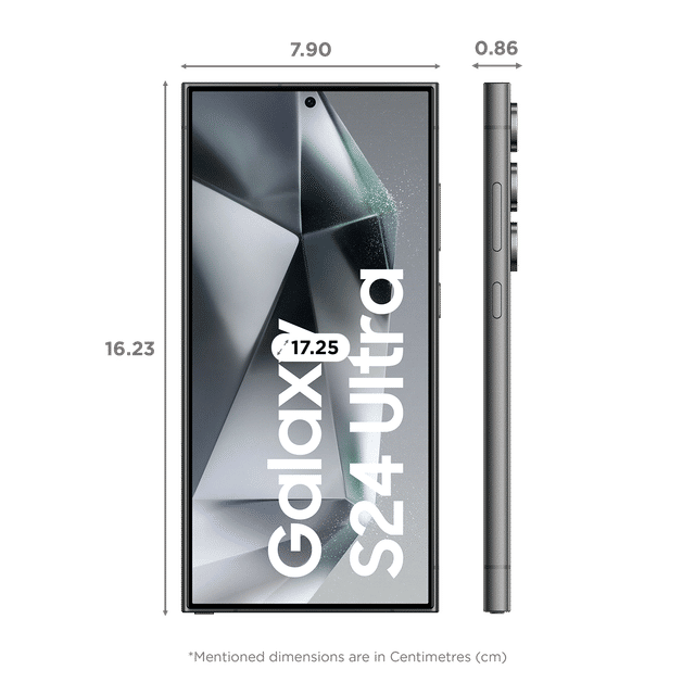 Samsung Galaxy S24 Ultra 5G phone front and side view with dimensions in centimeters