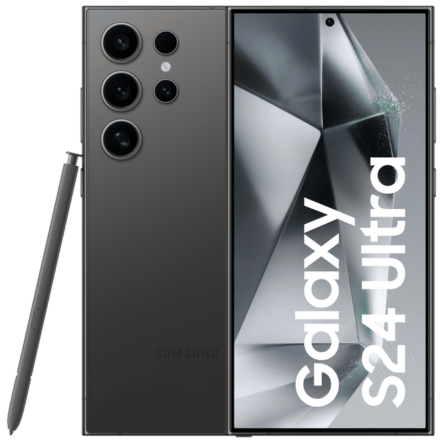 Samsung Galaxy S24 Ultra 5G phone in black with multiple rear cameras and stylus pen shown from front and back