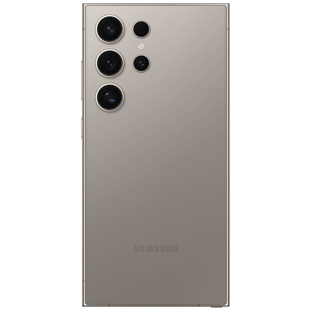 Samsung Galaxy S24 Ultra 5G phone in matte gray showing rear quad camera setup and sleek design