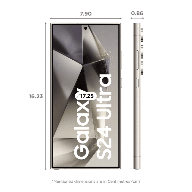 Samsung Galaxy S24 Ultra 5G phone front display and side view with dimensions in centimeters