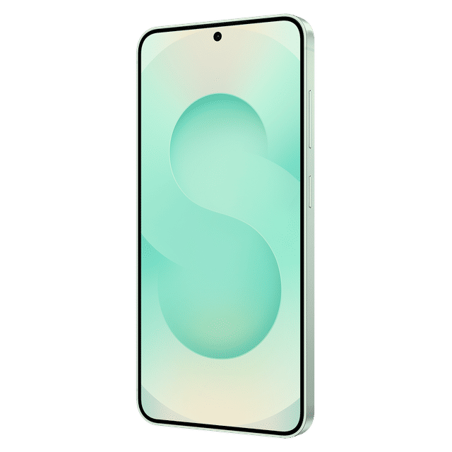 Samsung Galaxy S25 5G Mint phone showing front display with sleek design and minimal bezels