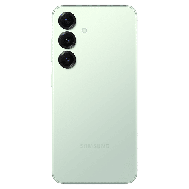 Samsung Galaxy S25 5G Mint phone back view showing triple camera lenses and mint color finish