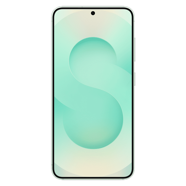 Front view of Samsung Galaxy S25 5G Mint smartphone with edge-to-edge display and centered front camera