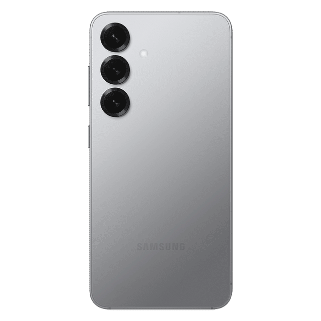 Silver Samsung Galaxy S25 5G smartphone showing back with triple camera setup and sleek design