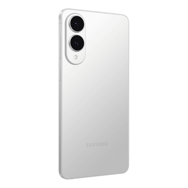 Samsung Galaxy S25 Edge 5G phone in white showing dual rear cameras and sleek design