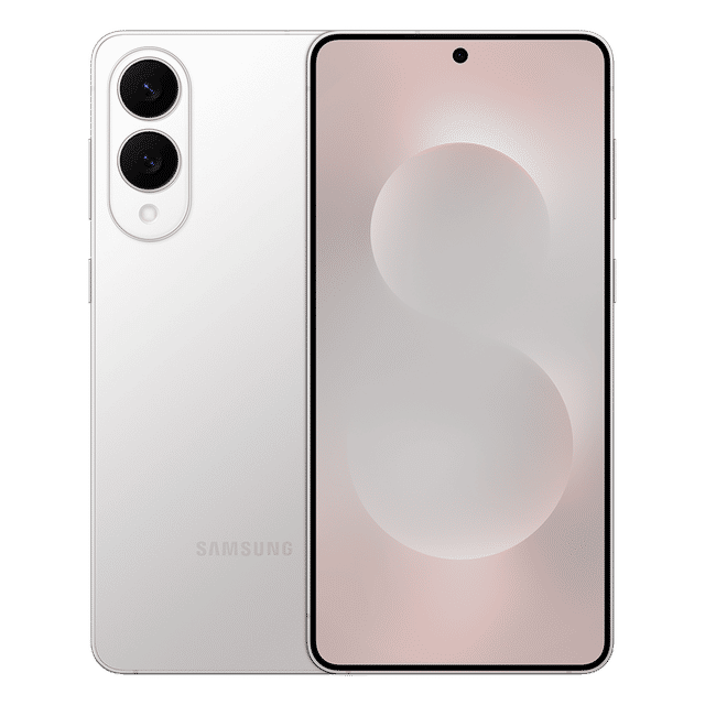 Samsung Galaxy S25 Edge 5G smartphone in white showing front display and dual rear cameras