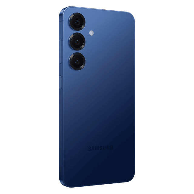 Samsung Galaxy S25 5G phone in blue with triple rear camera setup and sleek design