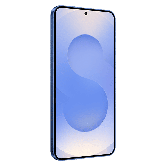 Samsung Galaxy S25 5G phone in blue with edge-to-edge display and centered front camera