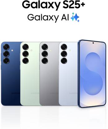 Samsung Galaxy S25 Plus 5G phones in blue, green, gray, and white with front and rear views