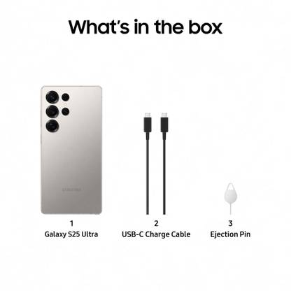 Samsung Galaxy S25 Ultra 5G phone with USB-C charging cable and SIM card ejection pin included
