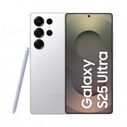 Samsung Galaxy S25 Ultra 5G phone in silver with stylus pen showing front and back views