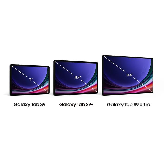Samsung Galaxy Tab S9 Plus tablet with 12.4 inch display shown alongside Galaxy Tab S9 and S9 Ultra models