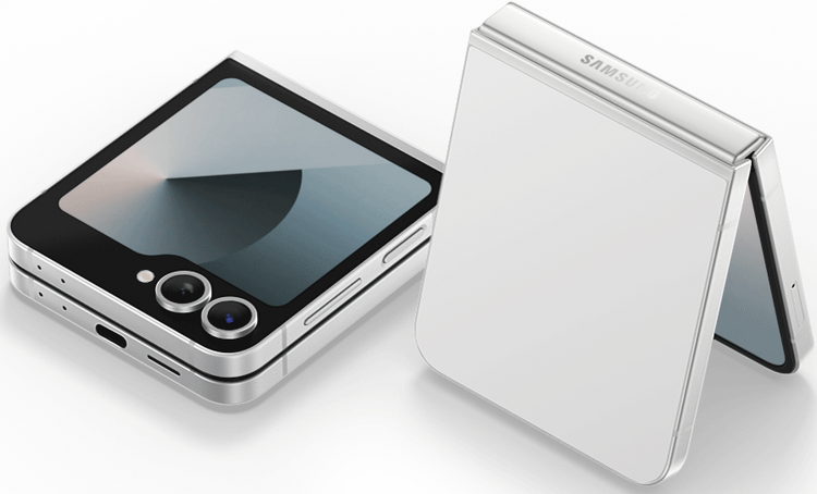 Samsung Galaxy Z Flip6 5G foldable phone in white showing dual rear cameras and external display
