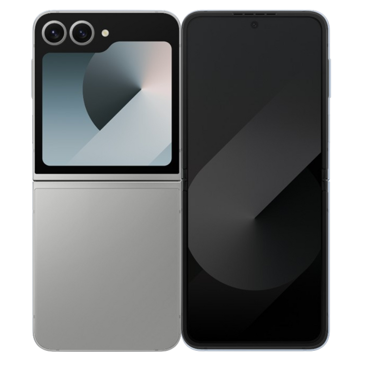 Samsung Galaxy Z Flip6 5G foldable phone in silver with dual rear cameras and large main display
