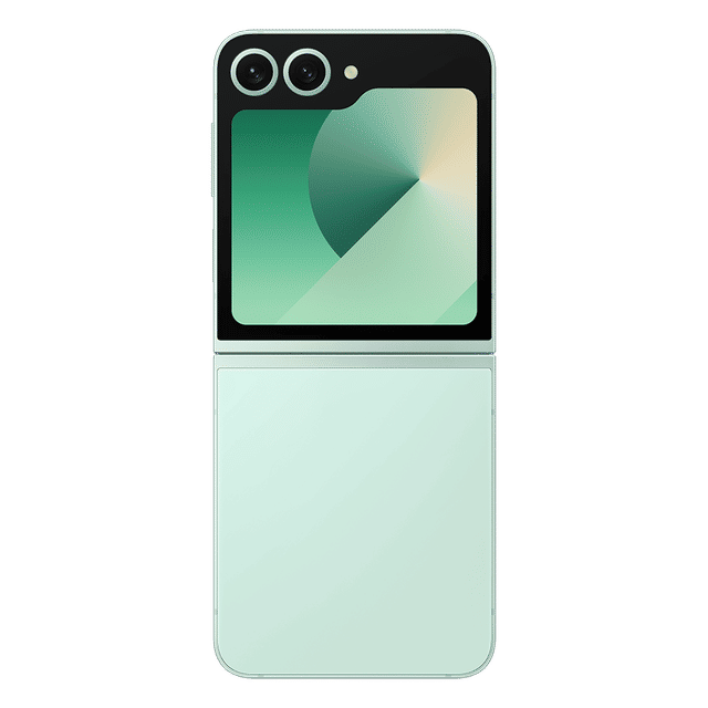 Samsung Galaxy Z Flip6 5G phone in mint green with dual cameras and small cover display