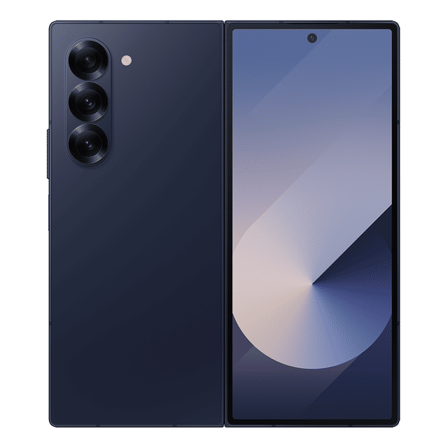 Samsung Galaxy Z Fold6 5G unfolded phone showing front display and triple rear cameras in black