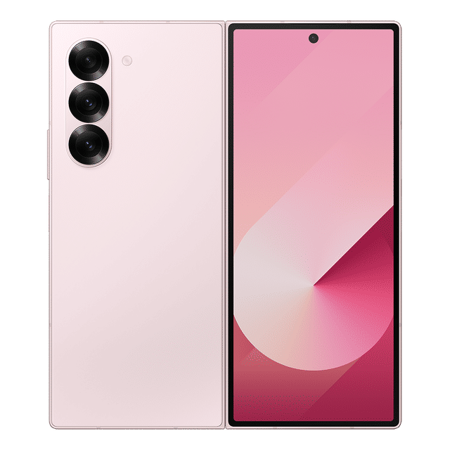 Samsung Galaxy Z Fold6 5G phone in pink showing front screen and triple camera on back