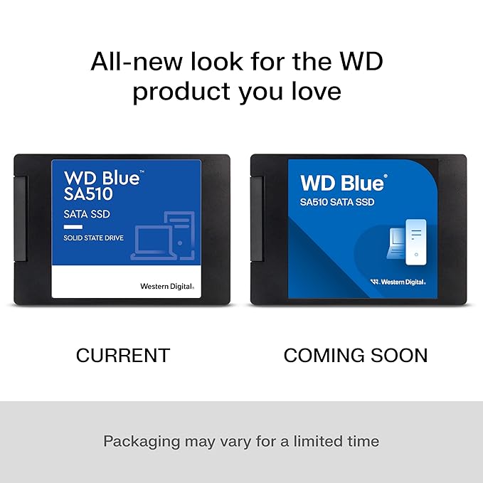 Western Digital WD Blue SA510 500GB SSD showing current and upcoming packaging for laptop accessories