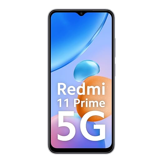 Redmi 11 Prime 5G Chrome Silver smartphone front view with display on and sleek design