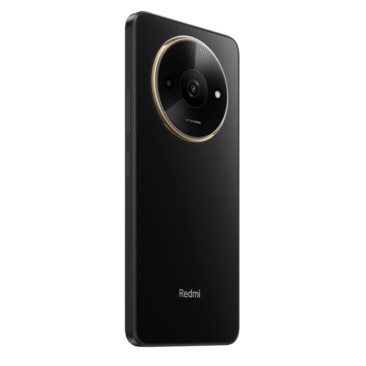 Redmi A3 64GB Midnight Black phone showing sleek back design with circular camera module and Redmi logo