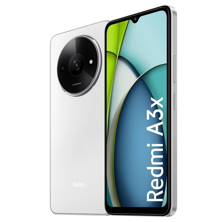White Redmi A3x 4GB RAM smartphone showing front display and rear camera design