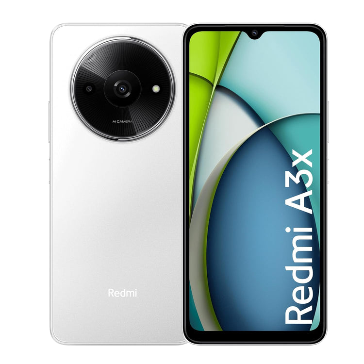 Redmi A3x 4GB RAM smartphone in white showing front display and rear camera design