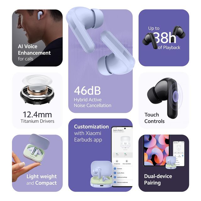 Redmi Earbud 5 TWS with hybrid noise cancellation, 38 hours playback, touch controls, and lightweight compact design
