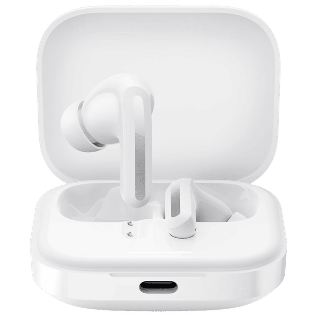 Redmi Earbud 5 TWS wireless earbuds in white with charging case open showing earbuds inside