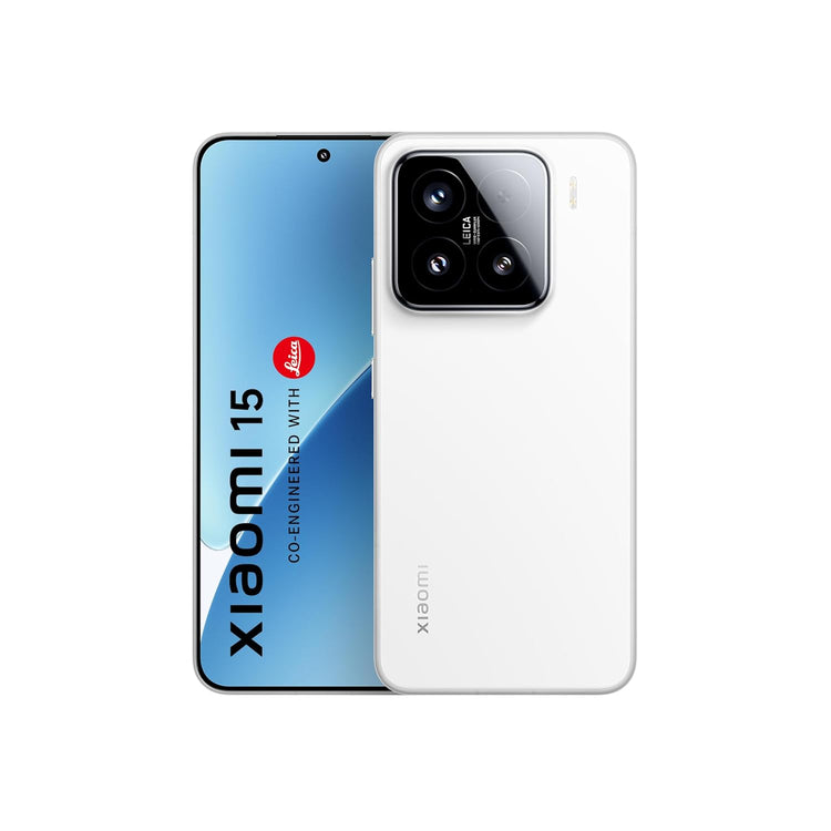 Redmi Xiaomi 15 5G smartphone in white with triple rear camera and full screen display